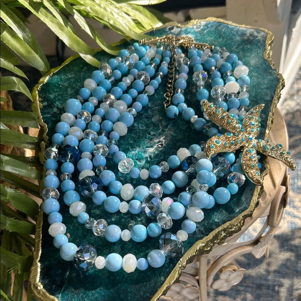 Vintage-Style Aqua Blue Multi-strand Beaded Starfish Necklace